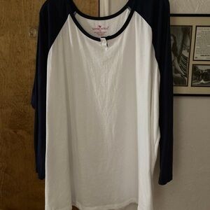 Woman within baseball style T-shirt